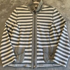 Frank Walder Zip Up Jacket Womens 14 Gray White Stripe Pockets Cinch Neck (0302)